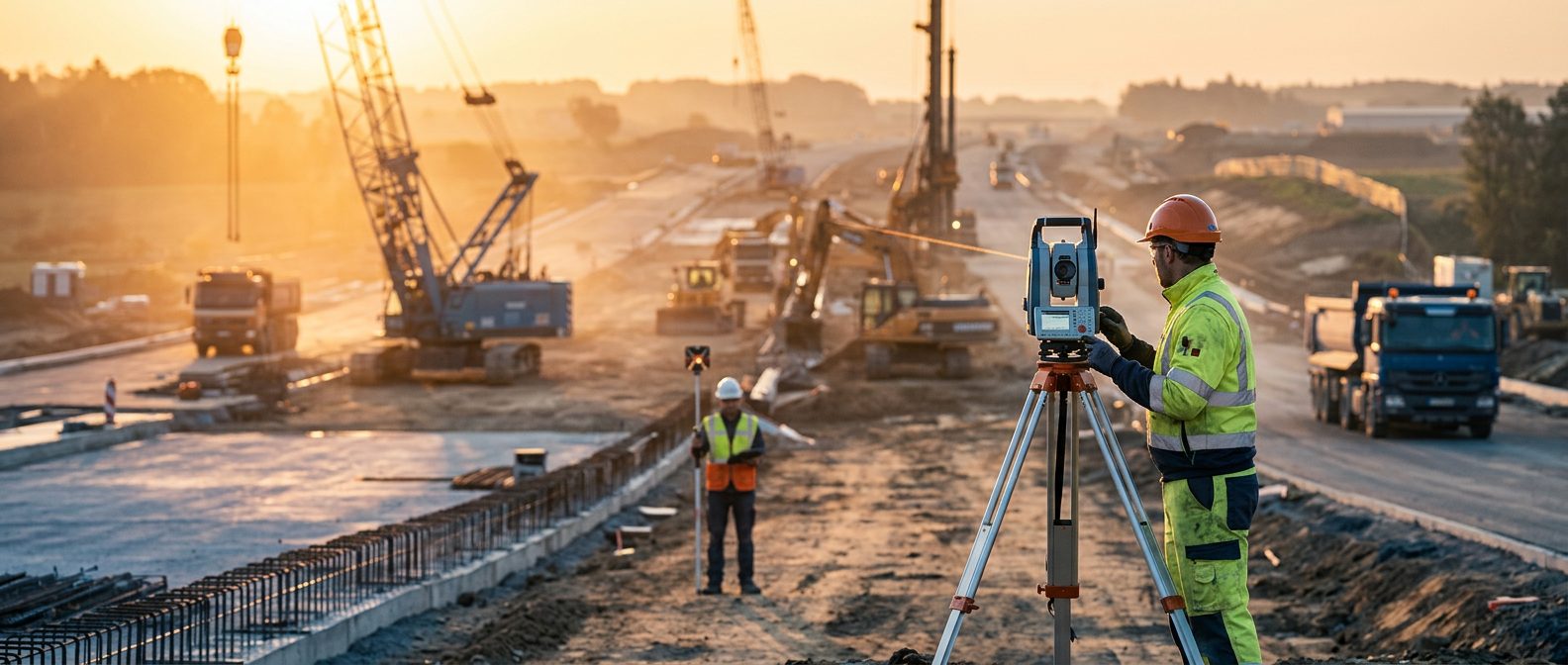 Géomètre-topographe réalisant un relevé avec une station totale robotisée sur un chantier BTP
